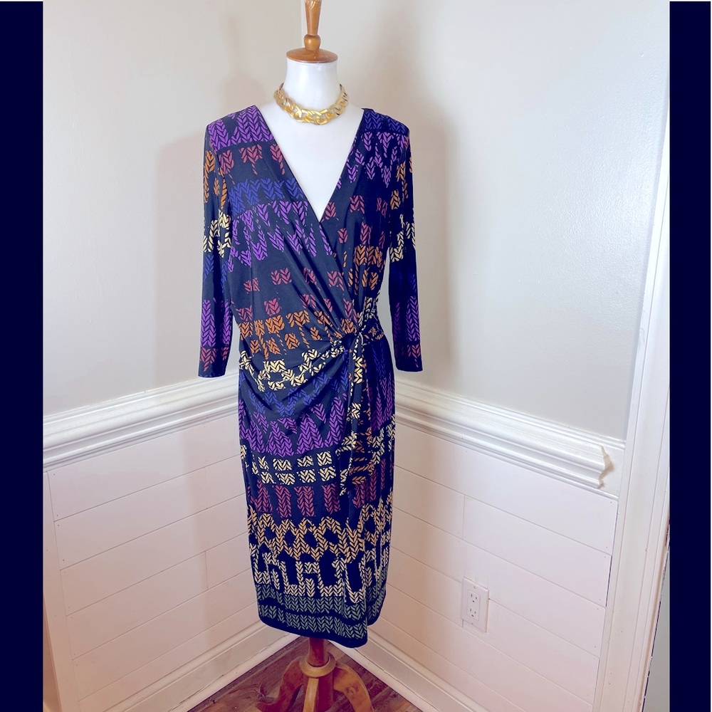 Lennie for Nina Leonard Abstract Print Faux Wrap Dress L FREE SHIP